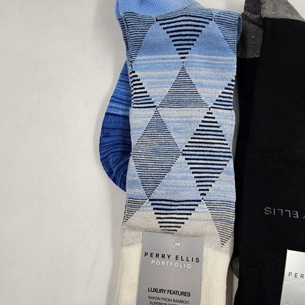 Perry Ellis Moisture-Wicking Diamond Space-Dyed & Logo Crew Socks Men's 7-12~